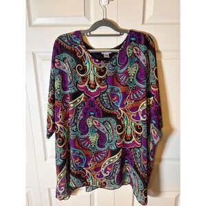 Catherines Womens 1X 18/20W Paisley Print Layered Poncho Blouse Purple Teal